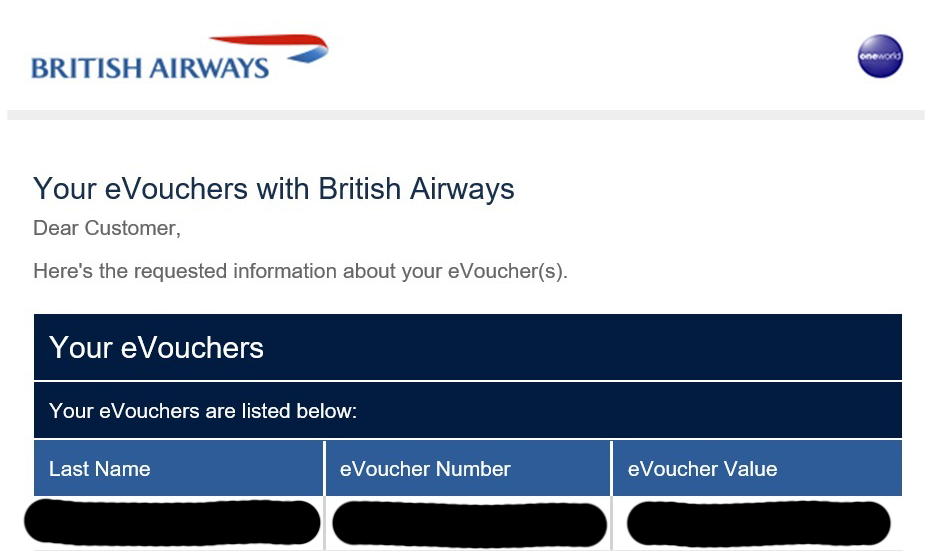 British Airways eVoucher Balance - Email