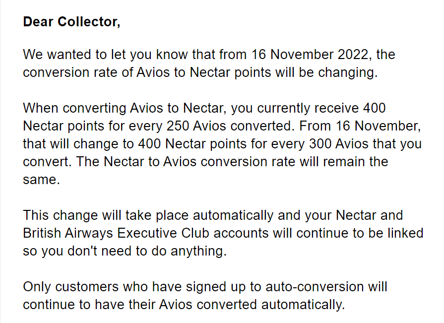 Avios to Nectar Conversion Rate
