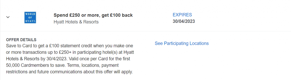 New Amex Offer - £100 Off £250 Hyatt Spend
