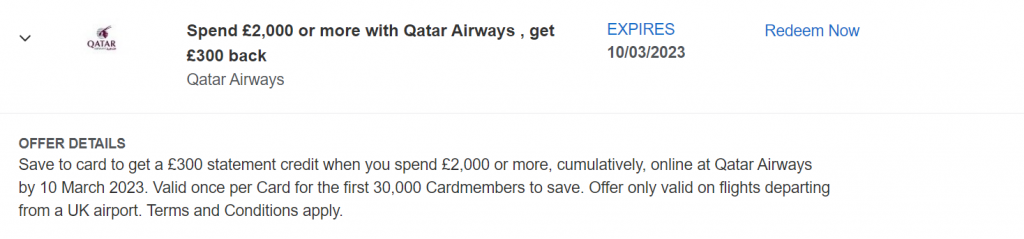 New Amex Offers - Qatar Airways 300 Off 2000