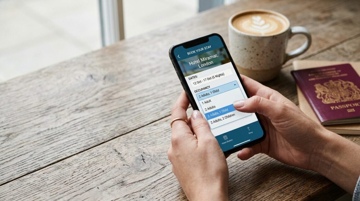 Person checking hotel room occupancy limits on a smartphone